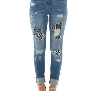 Judy Blue Medium Wash Distressed Skinny Jeans With Leopard Print Patch
